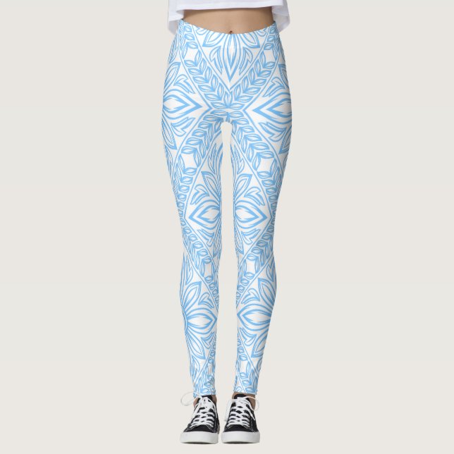 Blue Mediterranean Italian Tile Decorative Pattern Leggings (Front)
