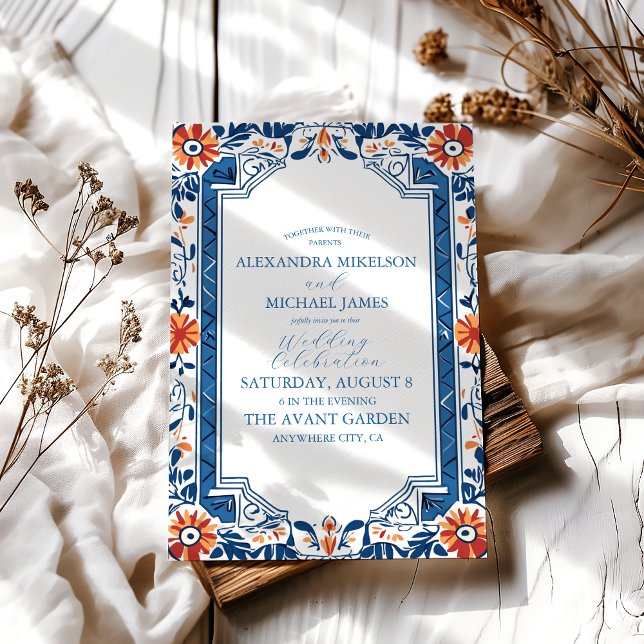 Blue Mediterranean Italian Tile & Lemon Wedding Invitation (Creator Uploaded)