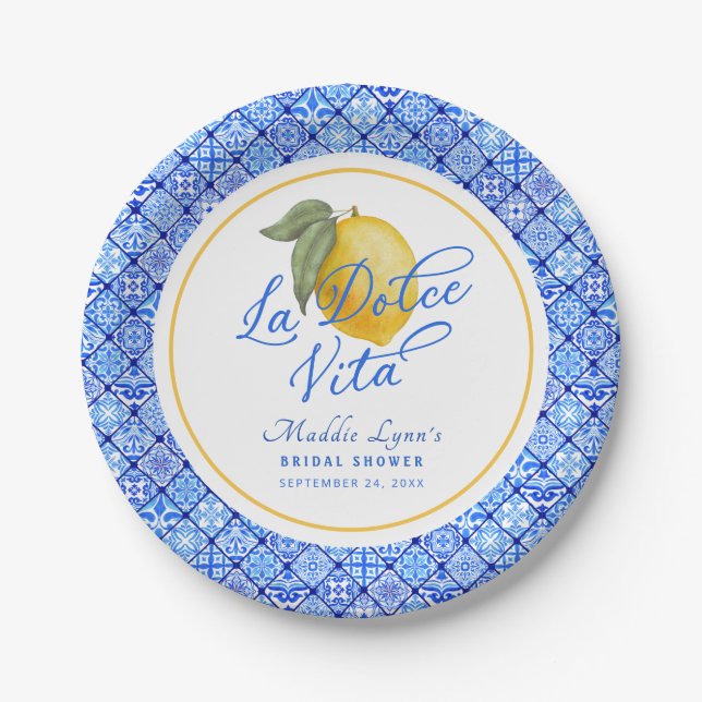 Blue Mediterranean La Dolce Vita Bridal Shower Paper Plate (Front)