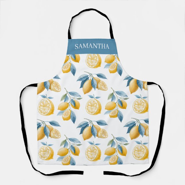 Blue Mediterranean Lemon Pattern Name Apron (Front)