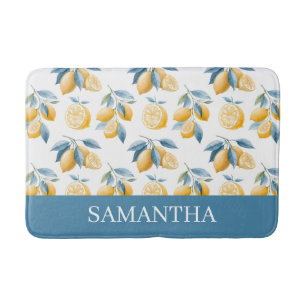 Blue Mediterranean Lemon Pattern Name Bath Mat