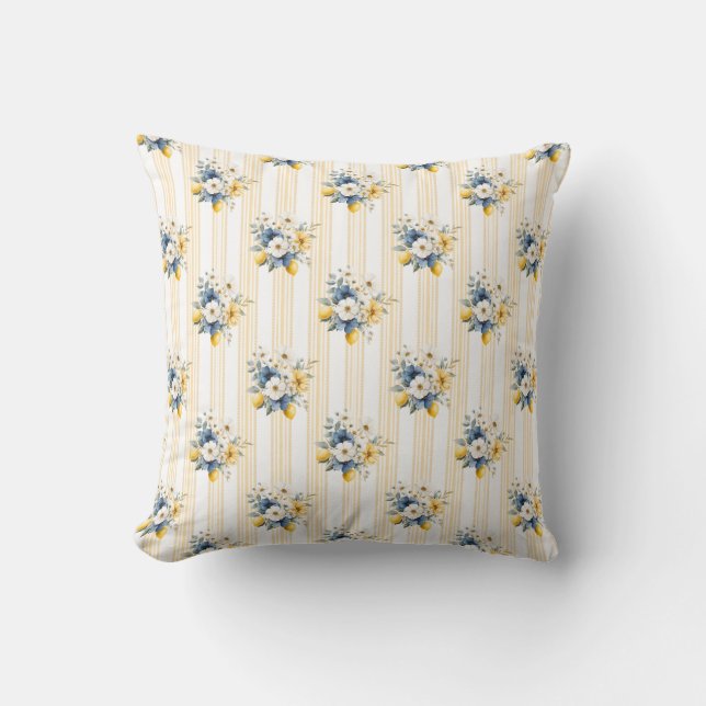 Blue Mediterranean Lemon Pattern Throw Pillow (Front)