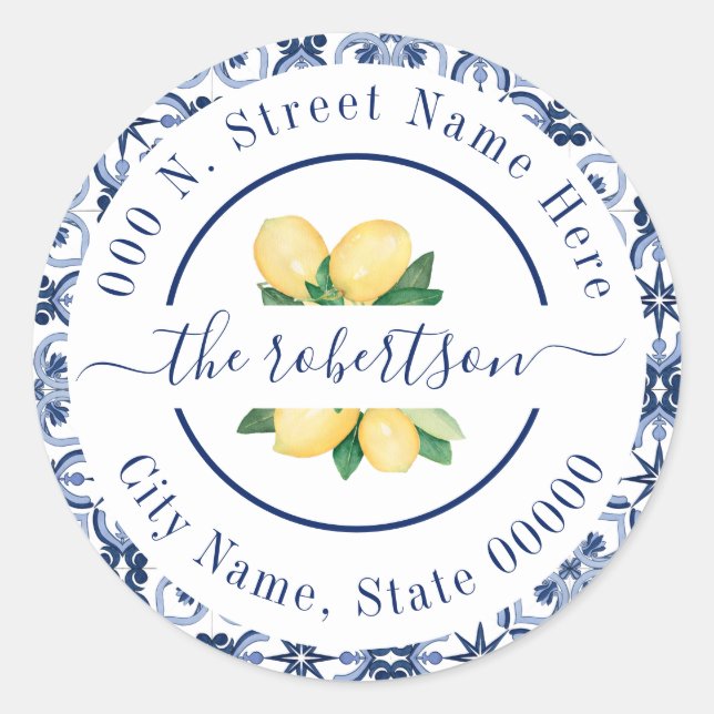 Blue Mediterranean Lemons Return Address Classic Round Sticker (Front)