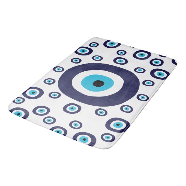 Blue Mediterranean Nazar Evil Eye Bathroom Decor Bath Mat (Angled)