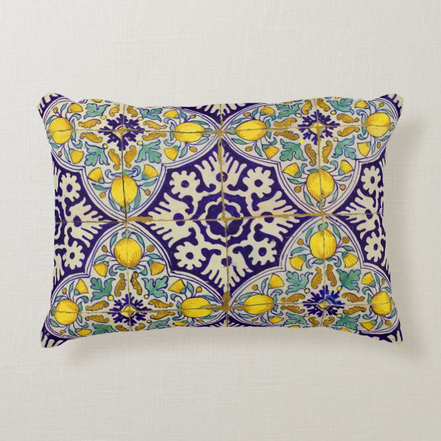 Blue Mediterranean Pattern Yellow Blossoms Accent Pillow (Front)