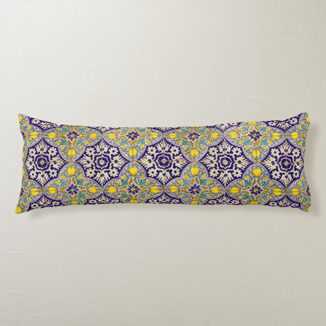 Blue Mediterranean Pattern Yellow Blossoms Body Pillow (Front)