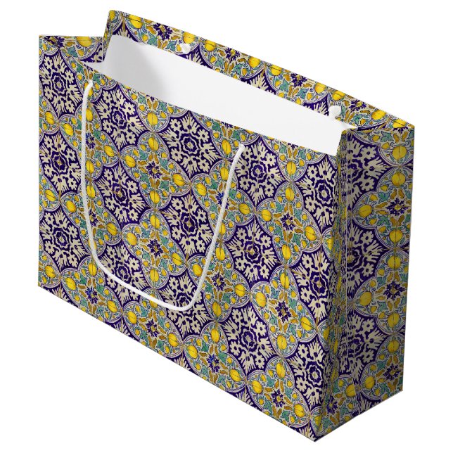 Blue Mediterranean Pattern Yellow Blossoms  Large Gift Bag (Front Angled)