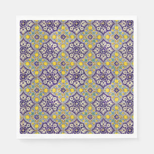 Blue Mediterranean Pattern Yellow Blossoms Napkin