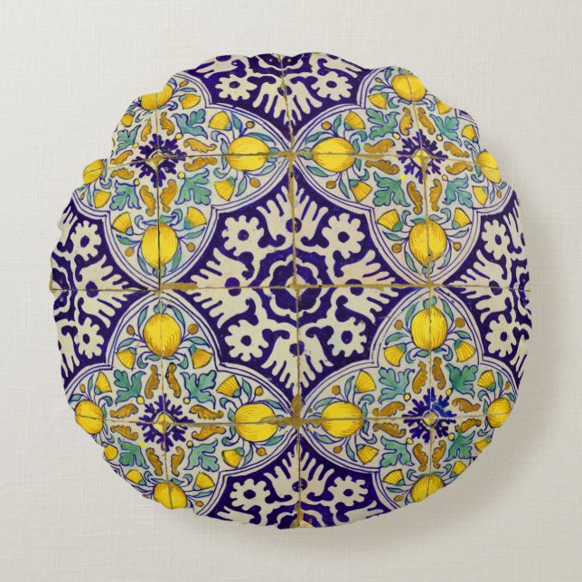Blue Mediterranean Pattern Yellow Blossoms    Round Pillow (Front)