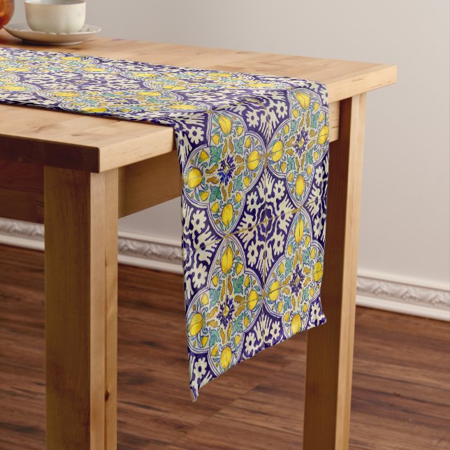 Blue Mediterranean Pattern Yellow Blossoms Short Table Runner (In Situ)