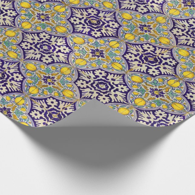 Blue Mediterranean Pattern Yellow Blossoms Wrapping Paper (Corner)