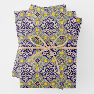 Blue Mediterranean Pattern Yellow Blossoms   Wrapping Paper Sheet