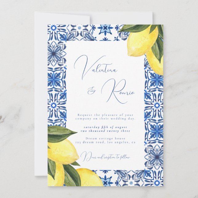 Blue Mediterranean Tile and citrus photo wedding  Invitation (Front)