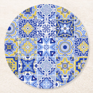 Blue Mediterranean Tile and Citrus  Round Paper Coaster