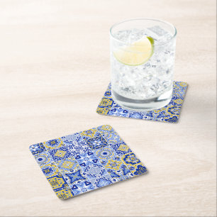Blue Mediterranean Tile and Citrus Square Paper Coaster