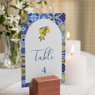 Blue Mediterranean Tile and citrus table number