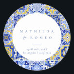 Blue Mediterranean Tile and Citrus Wedding  Classic Round Sticker<br><div class="desc">Introducing our "Blue Mediterranean Tile and Citrus Wedding Stickers" – a delightful way to add a touch of coastal elegance and vibrant citrus charm to your wedding favours, decorations, and stationery. These elegant stickers feature intricate blue tile patterns inspired by the captivating beauty of the Mediterranean coast. Infused with the...</div>