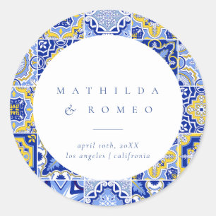 Blue Mediterranean Tile and Citrus Wedding  Classic Round Sticker