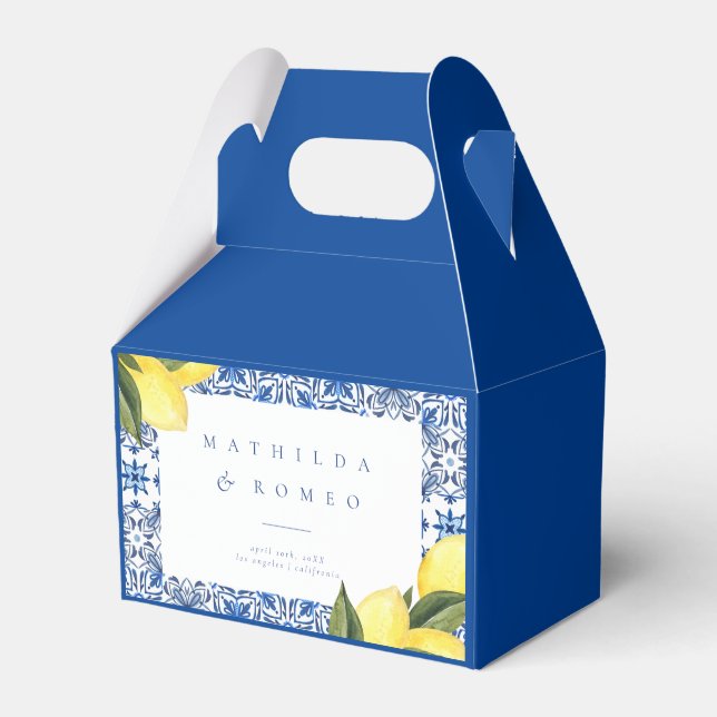 Blue Mediterranean Tile and Citrus Wedding Favor Box (Front Side)