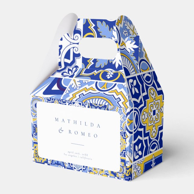 Blue Mediterranean Tile and Citrus Wedding Favor Box (Front Side)