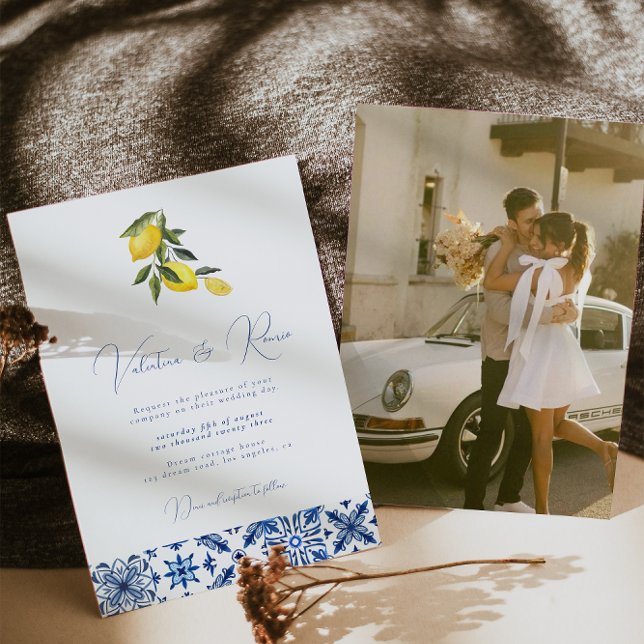 Blue Mediterranean Tile and citrus wedding photo Invitation (Creator Uploaded)