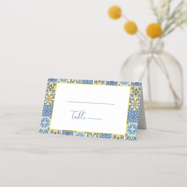 Blue Mediterranean Tile and Citrus Wedding  Place Card (Front)