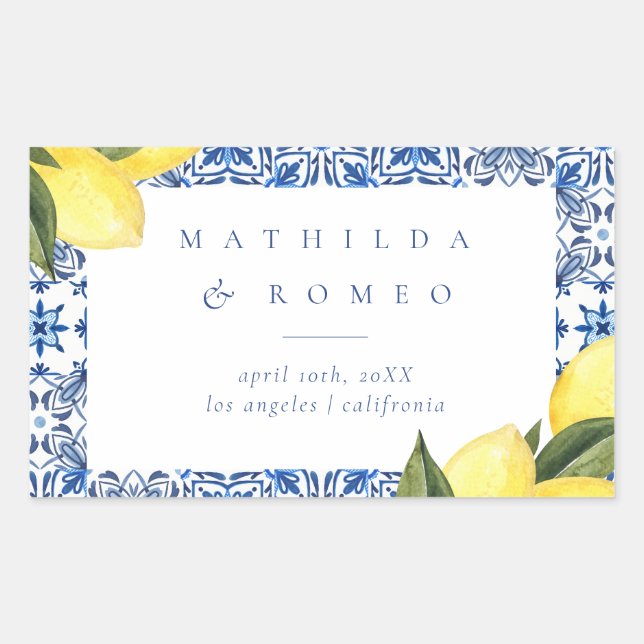 Blue Mediterranean Tile and Citrus Wedding  Sticker (Front)