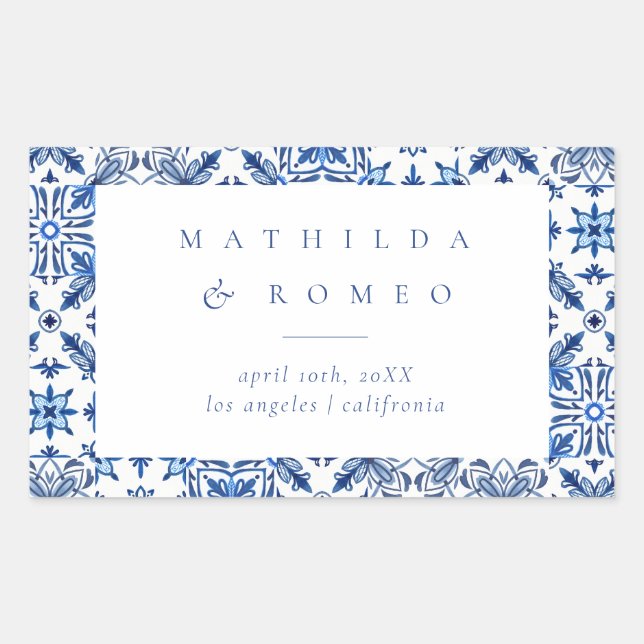 Blue Mediterranean Tile and Citrus Wedding  Sticker (Front)