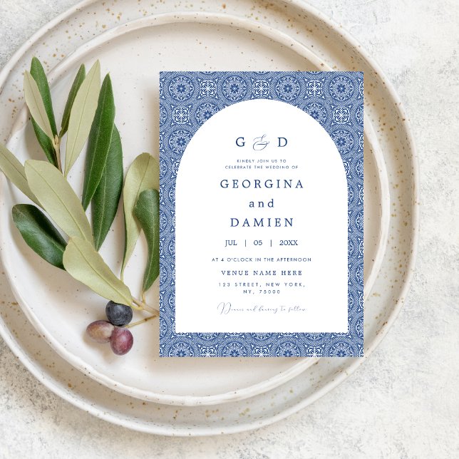 Blue Mediterranean Tile & Arch Elegant Wedding Invitation (Creator Uploaded)