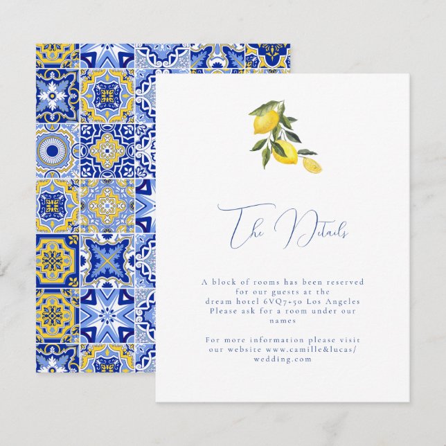 Blue mediterranean tile & citrus Wedding details  Enclosure Card (Front/Back)