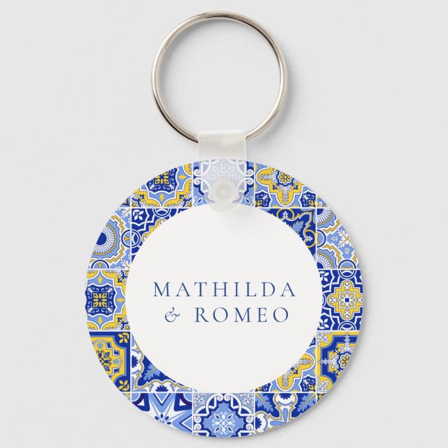 Blue Mediterranean Tile & Citrus Wedding Keychain (Front)