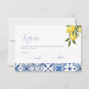 Blue Mediterranean Tile & Citrus Wedding RSVP card