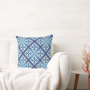 Blue Mediterranean Tile Geometric Diamond Blocks Throw Pillow