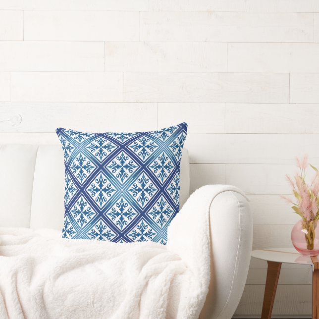 Blue Mediterranean Tile Geometric Diamond Blocks Throw Pillow (Couch)
