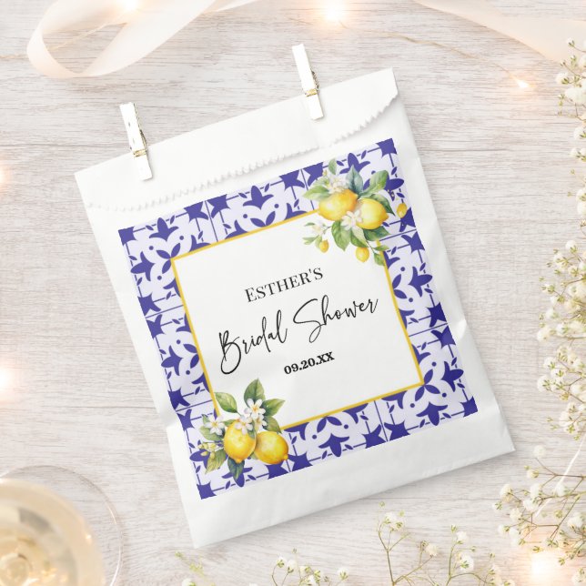 Blue Mediterranean Tile Lemon Bridal Shower  Favour Bag (Clipped)