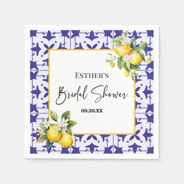 Blue Mediterranean Tile Lemon Bridal Shower  Napkin (Front)