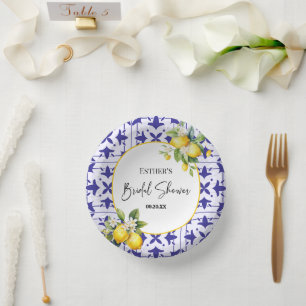Blue Mediterranean Tile Lemon Bridal Shower  Paper Plate