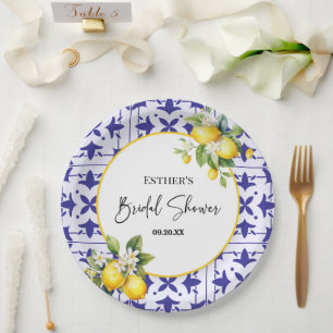 Blue Mediterranean Tile Lemon Bridal Shower  Paper Plate