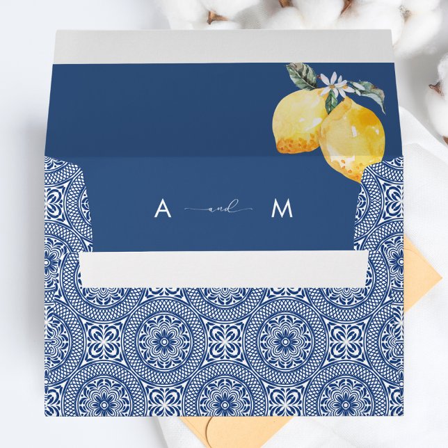 Blue Mediterranean Tile & Lemon Italian Wedding Envelope (Creator Uploaded)