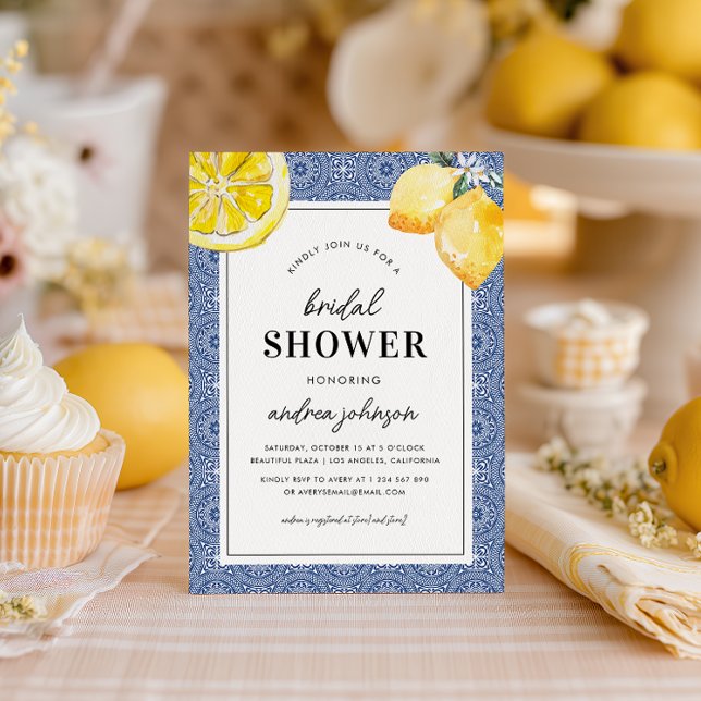 Blue Mediterranean Tile Lemon Simple Bridal Shower Invitation (Creator Uploaded)