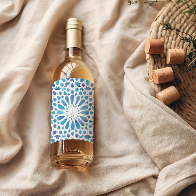 Blue Mediterranean Tile Monogram Wedding Wine Label (Creator Uploaded)
