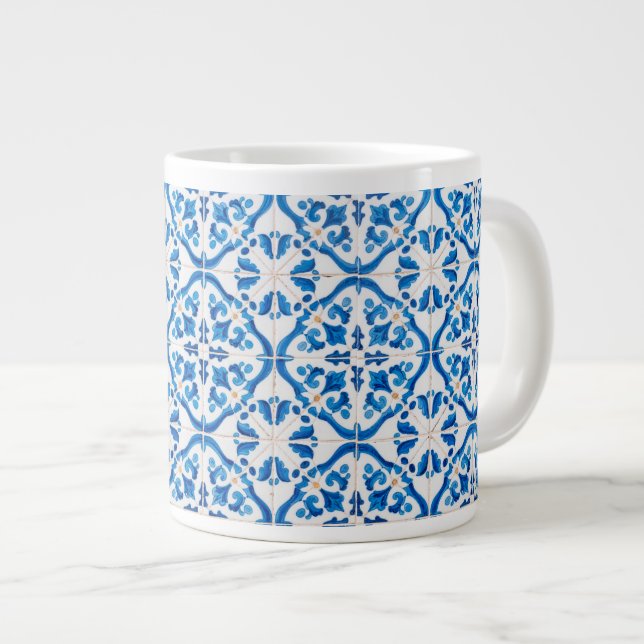 Blue Mediterranean Tile Pattern – Elegant Azulejo  Large Coffee Mug (Front Right)