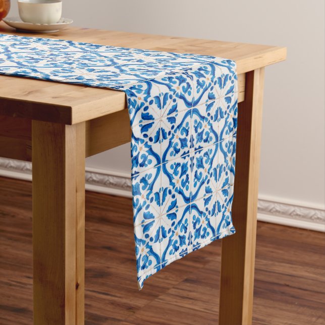Blue Mediterranean Tile Pattern – Elegant Azulejo  Long Table Runner (In Situ)