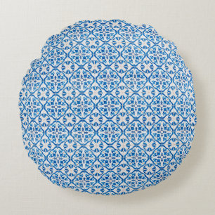 Blue Mediterranean Tile Pattern – Elegant Azulejo  Round Pillow