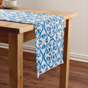Blue Mediterranean Tile Pattern – Elegant Azulejo  Short Table Runner