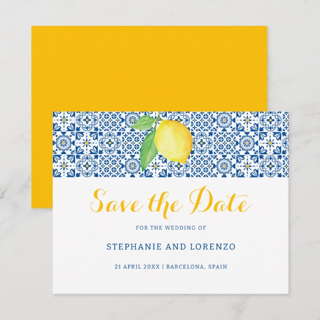 Blue Mediterranean Tile Watercolor Lemon Wedding Save The Date (Front/Back)