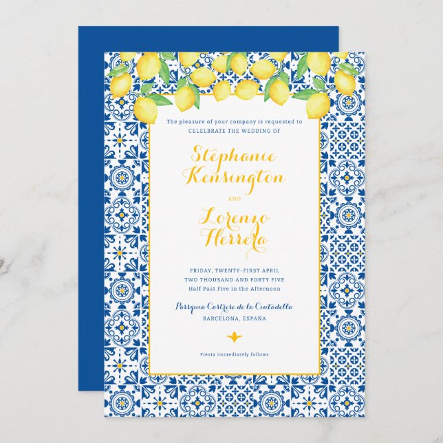 Blue Mediterranean Tile Yellow Lemons Wedding Invitation (Front/Back)