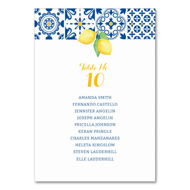 Blue Mediterranean Tile Yellow Lemons Wedding Table Number (Front)