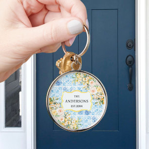 Blue Mediterranean Tiles Flower Lemon Family Name Keychain