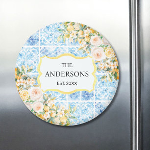 Blue Mediterranean Tiles Flower Lemon Family Name Magnet